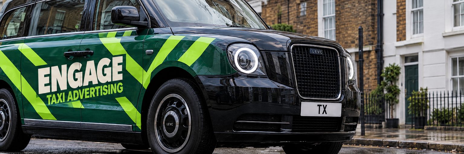 A London black cab wrapped in green and lime Engage Taxi Advertising livery, parked on a terraced street