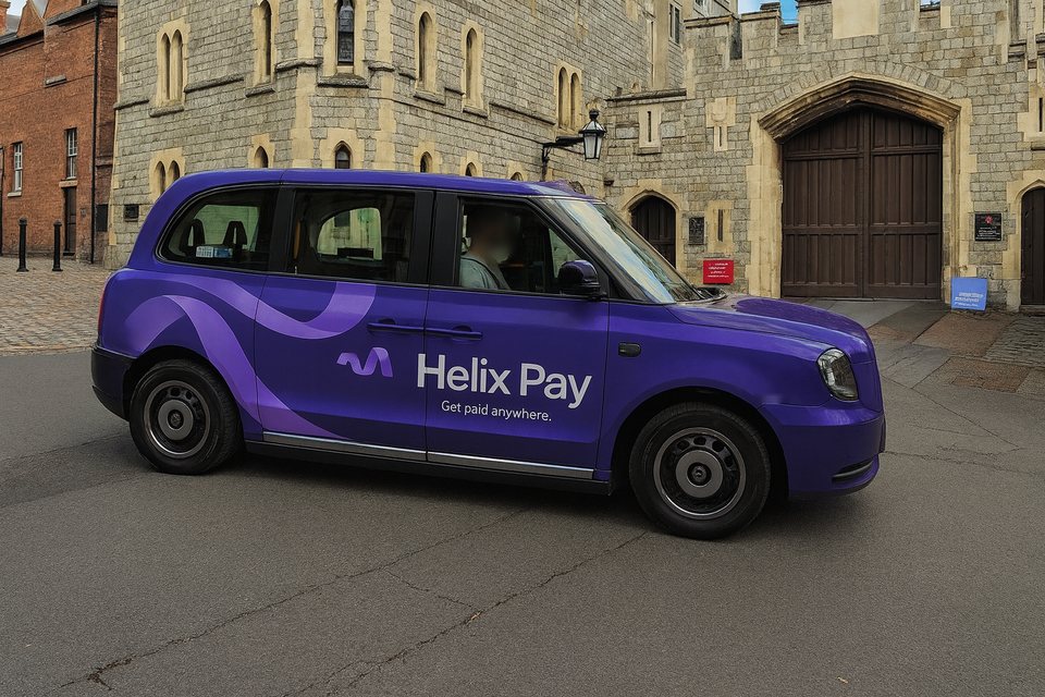 Concept: a London black cab in a full purple Helix Pay wrap, outside Windsor Castle