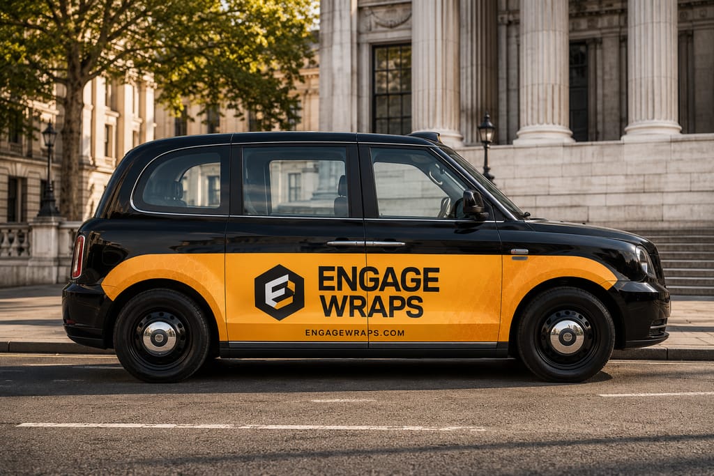 An Engage Wraps amber superside panel on a London black cab, parked outside a classical stone building