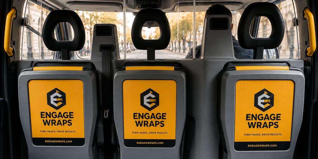 Three Engage Wraps tip-seat posters on the folding seat-backs inside a London black cab, with a passenger and the street visible behind