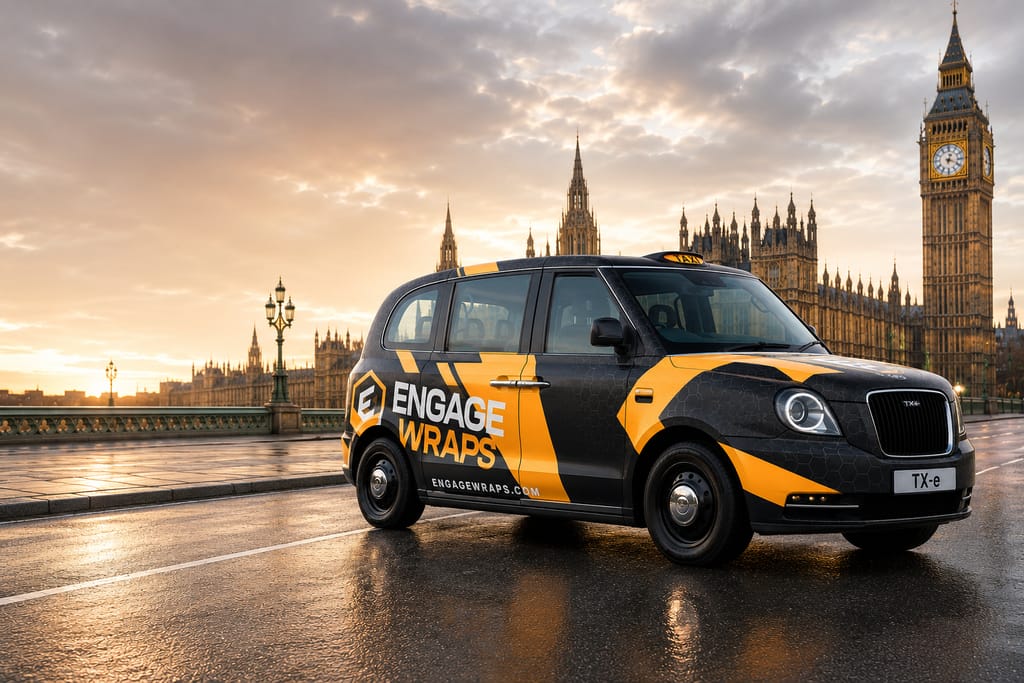 An Engage Wraps-liveried London black cab on Westminster Bridge at sunrise, with Big Ben behind it